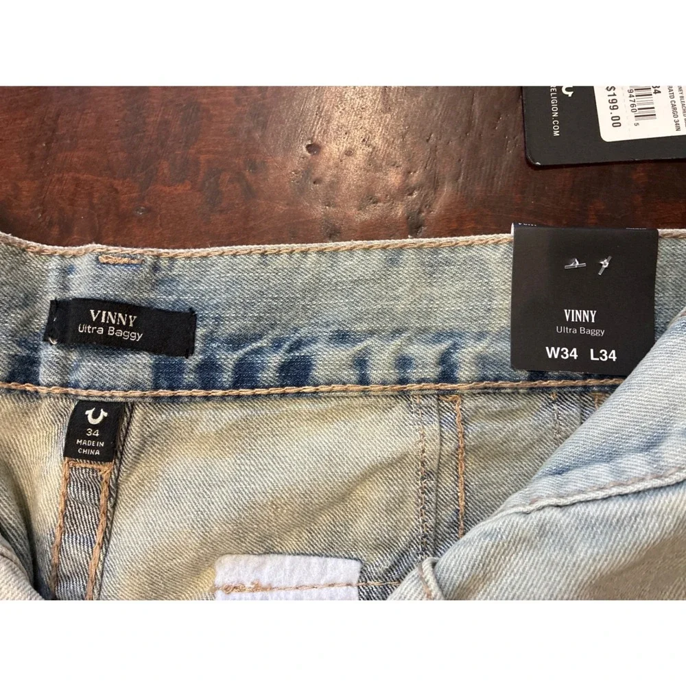 NWT True Religion Vinny Ultra Baggy Crgo Big T Jeans-8 Crgo Pkts-Mens 34 Bleach